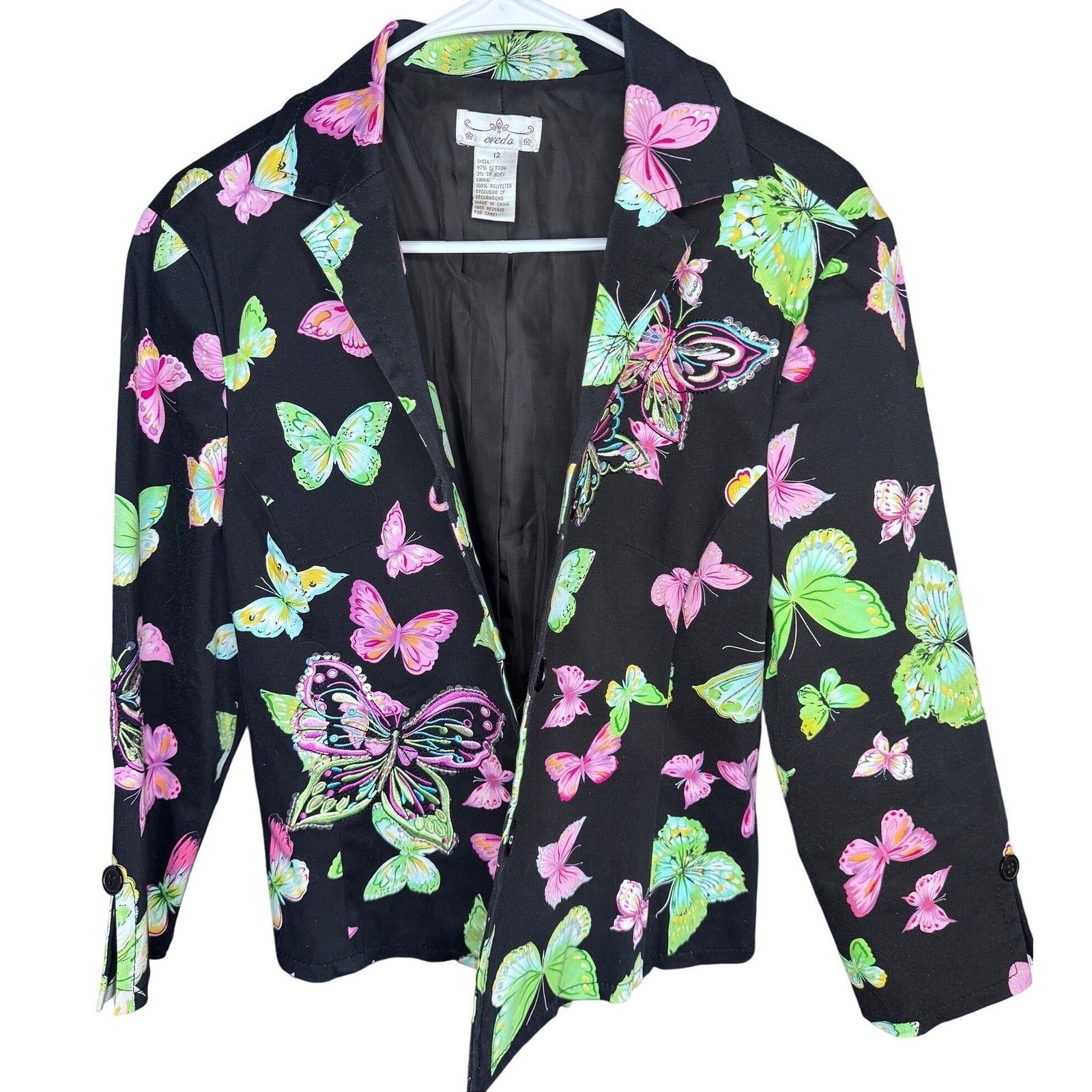 Festival Retro Butterfly Blazer Black Multicolor Maximalist Sequin Jacket Sz 12 — image 5 of 8